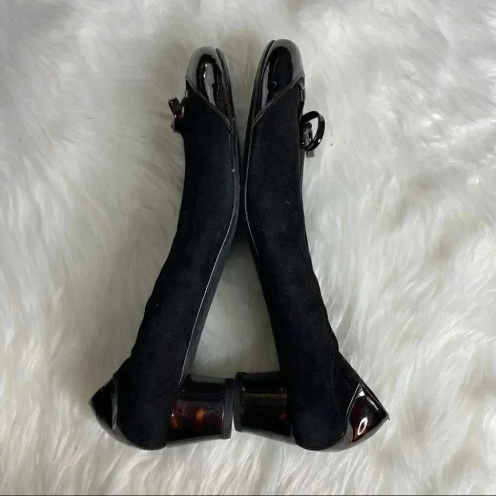 Stuart Weitzman Black Suede Ballet Flats with Brown Patent Toe - Picture 5 of 8